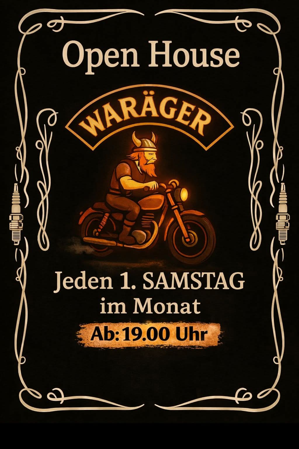 Open House Flyer der Waräger – 50cc Brotherhood Mopedclub aus Hoisdorf im Kreis Stormarn. Offener Clubabend für Mopedfahrer, Mokick- und Mofafahrer jeden ersten Samstag im Monat ab 19 Uhr.